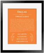 Dallas custom name print for wall display in orange with black matte frame