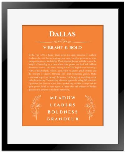 Dallas custom name print for wall display in orange with black matte frame