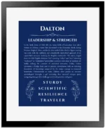 Dalton custom name art showing meaning and origin in deep blue with black matte frame