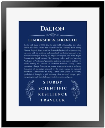 Dalton custom name art showing meaning and origin in deep blue with black matte frame