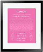 Damani name meaning gift print in pink with black matte frame