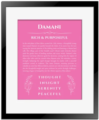 Damani name meaning gift print in pink with black matte frame