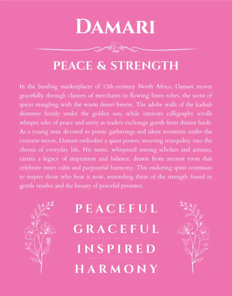 Damari custom name art showing meaning and origin in pink