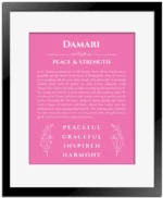 Damari custom name art showing meaning and origin in pink with black matte frame