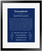 Damarion custom name print for wall display in deep blue with black matte frame