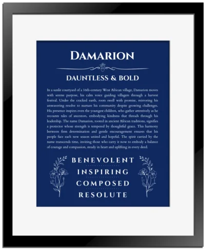 Damarion custom name print for wall display in deep blue with black matte frame