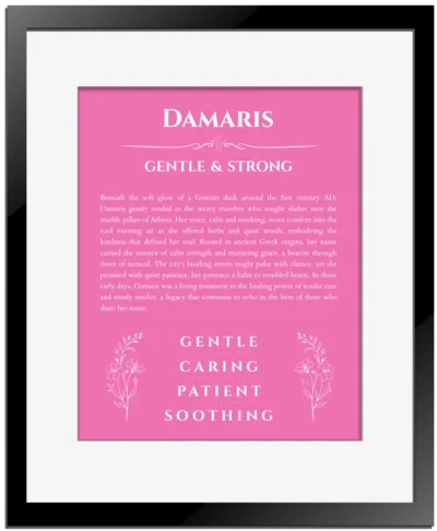 Damaris personalized wall art with the story of your name in pink with black matte frame
