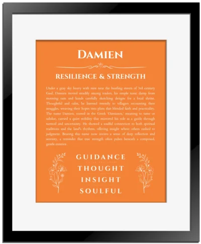 Damien personalized name art with origin story in orange with black matte frame
