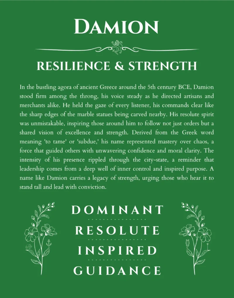 Damion name origin print with meaning and traits in dark green