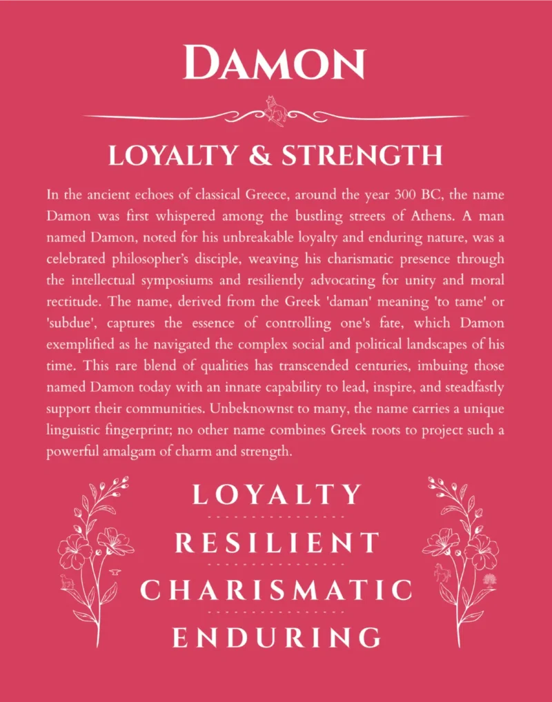 Damon name origin print with meaning and traits in red