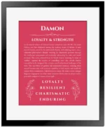 Damon name origin print with meaning and traits in red with black matte frame