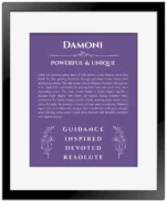 Damoni name meaning gift print in purple with black matte frame