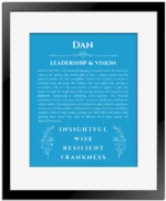 Dan custom name art showing meaning and origin in blue with black matte frame