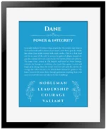 Dane personalized name meaning print in blue with black matte frame