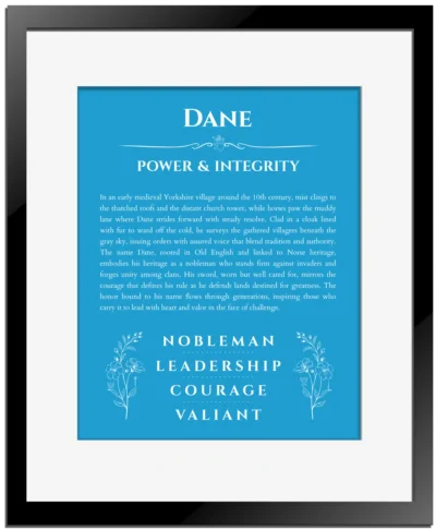 Dane personalized name meaning print in blue with black matte frame