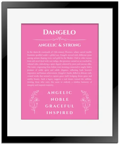 Dangelo personalized name meaning print in pink with black matte frame