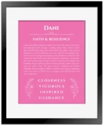 Dani personalized name art with origin story in pink with black matte frame