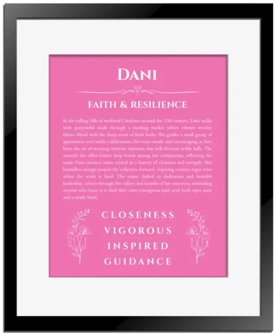 Dani personalized name art with origin story in pink with black matte frame