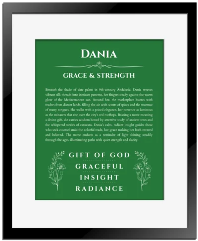 Dania custom name meaning print in dark green with black matte frame