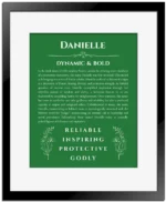 Danielle personalized name print with origin and traits in dark green with black matte frame