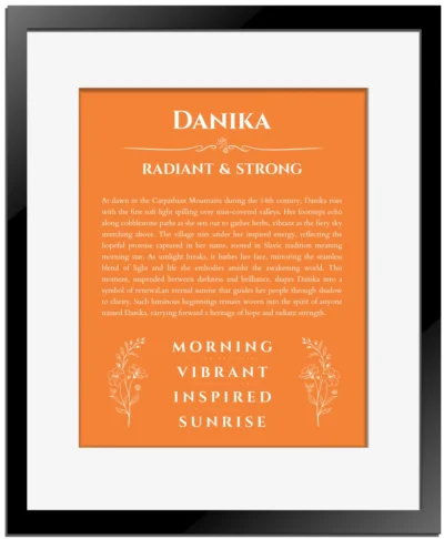 Danika personalized name meaning print in orange with black matte frame