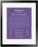 Danilo name meaning gift print in purple with black matte frame