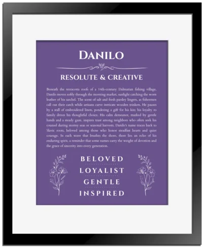 Danilo name meaning gift print in purple with black matte frame