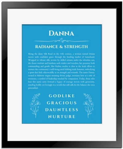 Danna personalized name print with origin and traits in blue with black matte frame