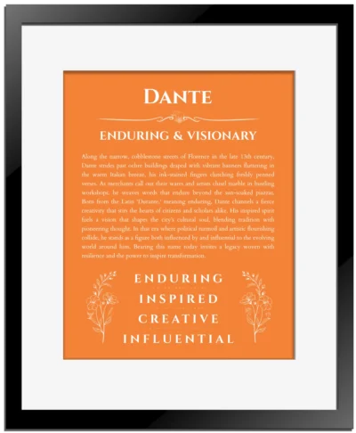Dante name meaning wall art by Get Your Story in orange with black matte frame
