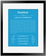 Daphne personalized wall art with the story of your name in blue with black matte frame