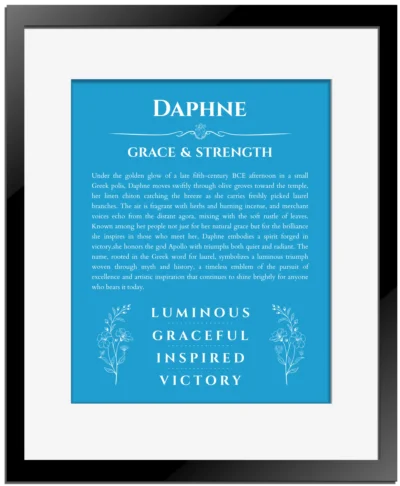 Daphne personalized wall art with the story of your name in blue with black matte frame