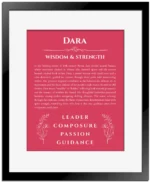 Dara personalized name art with origin story in red with black matte frame