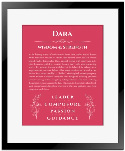 Dara personalized name art with origin story in red with black matte frame