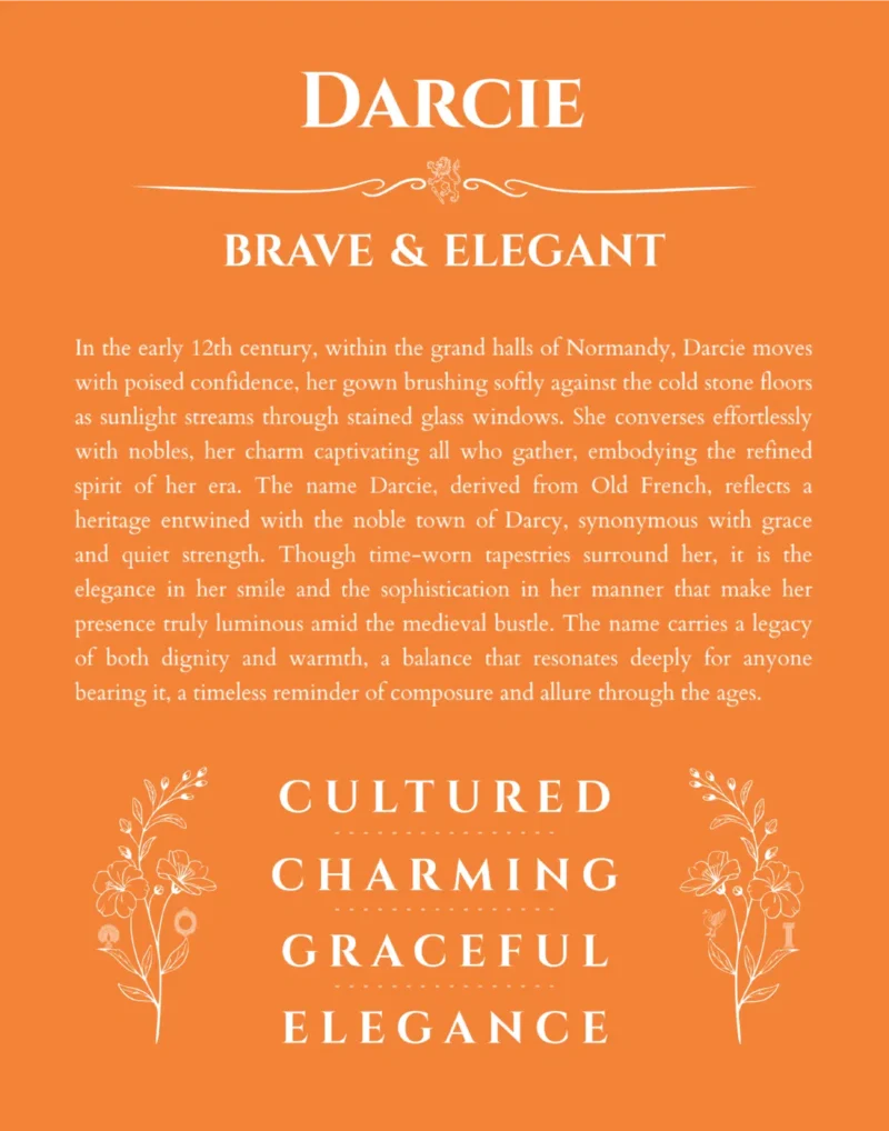 Darcie custom name art showing meaning and origin in orange