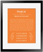 Darcie custom name art showing meaning and origin in orange with black matte frame