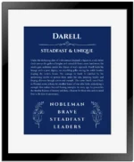 Darell personalized wall art with the story of your name in deep blue with black matte frame