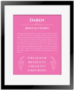 Daren name meaning wall art by Get Your Story in pink with black matte frame