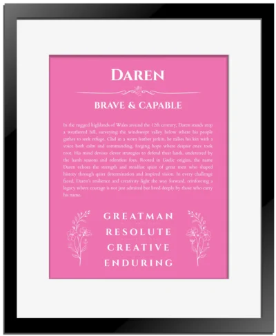 Daren name meaning wall art by Get Your Story in pink with black matte frame