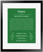 Daria name meaning gift print in dark green with black matte frame