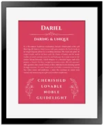 Dariel personalized name meaning print in red with black matte frame