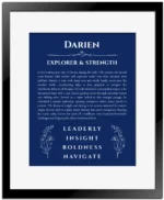 Darien custom name meaning print in deep blue with black matte frame