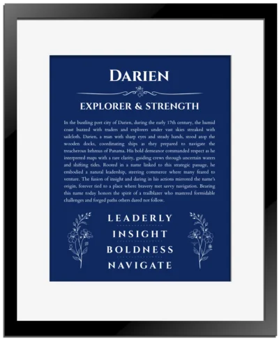 Darien custom name meaning print in deep blue with black matte frame