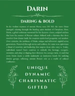 Darin custom name art showing meaning and origin in dark green