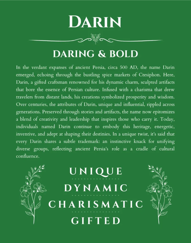 Darin custom name art showing meaning and origin in dark green