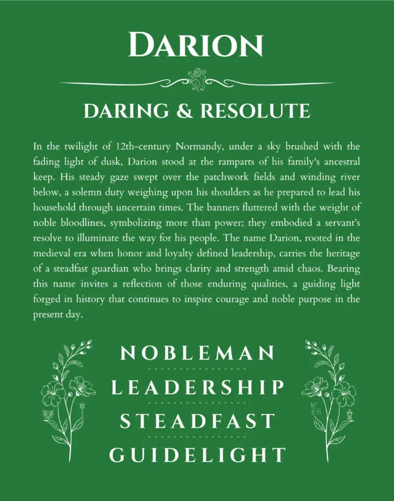 Darion personalized name art with origin story in dark green