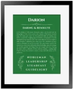 Darion personalized name art with origin story in dark green with black matte frame