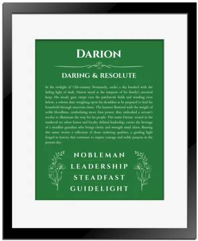 Darion personalized name art with origin story in dark green with black matte frame