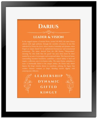 Darius name meaning gift print in orange with black matte frame