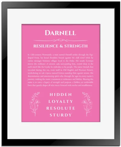 Darnell personalized name meaning print in pink with black matte frame