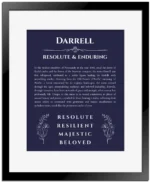 Darrell name meaning wall art by Get Your Story in navy blue with black matte frame